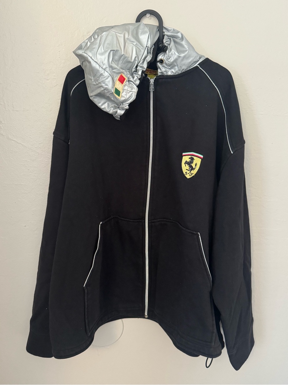 Vintage Ferrari Black Zip Hoodie with Silver Puffer Hood